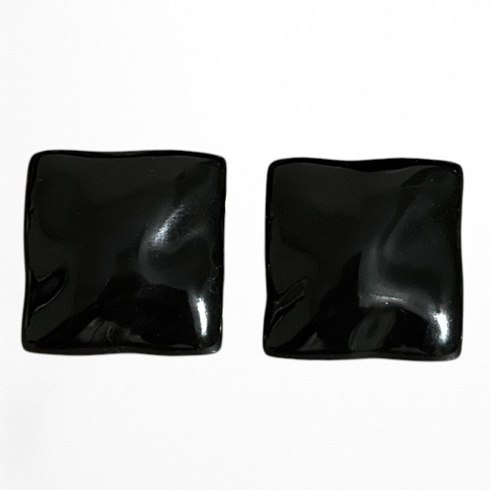 Vintage Enameled Metal Earrings Black Wavy Square Large Studs Geometric 1"